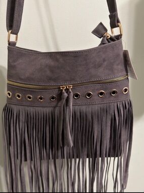 Fringed Suede Crossbody Bag - Gray